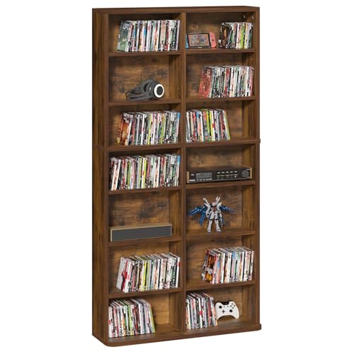 LELELINKY 7 Tier Tall Display Cabinet, Brown Media Storage Cabinet with Adjustable Shelves, Free Standing DVD Organizer Shelf, Floor Multimedia Storage Manga Bookshelf for Living Room & Home Office. - color: Brown, size: 7-Tier