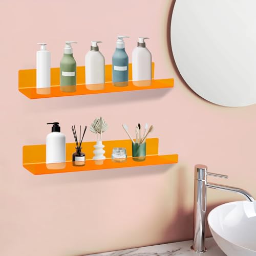 Dezzer 6 Pack Acrylic Shelves for Wall, 15" Acrylic Floating Shelves for Bathroom Bedroom, Invisible Bookshelf Wall Ledge Storage Shelf Books Perfume Toys Action Figure Display Shelves, Clear Orange - style: 15 inch 6-pack Orange