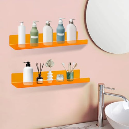 Dezzer 6 Pack Acrylic Shelves for Wall, 15" Acrylic Floating Shelves for Bathroom Bedroom, Invisible Bookshelf Wall Ledge Storage Shelf Books Perfume Toys Action Figure Display Shelves, Clear Orange - style: 15 inch 6-pack Orange