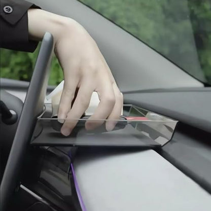 For 2020-2024 Tesla Model Y & 20217-2023 Model 3 - Hidden Center Console Organizer Tray, Tissue Holder, Open-Close Storage Shelf Box Under Dashboard Display (Tissue Box Behind the Display Screen) - style: Tissue Box Behind the Display Screen