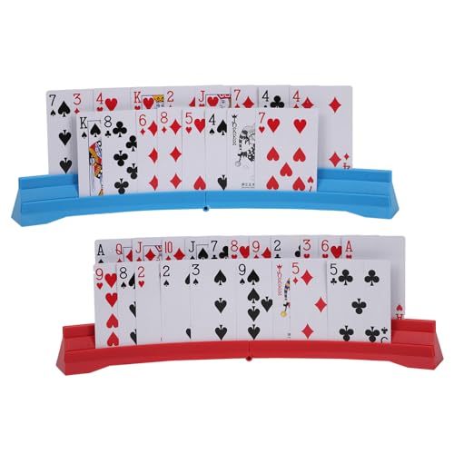 2 Pack Card Holders for Playing Cards,Double Layered Stackable Storage Game Card Tray for Arthritis Patients -Playing Card Rack for Kids Adults Seniors(2 Colors) - color: Red,blue(2pack)