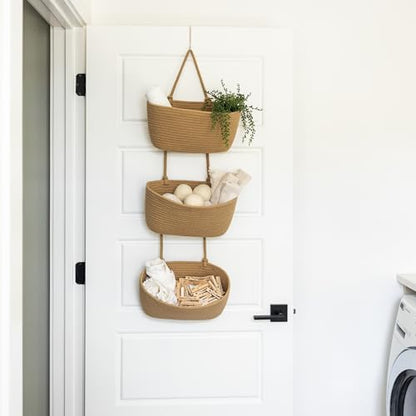 3-Tier Over the Door Hanging Basket (Set of 2) Adjustable, Detachable Woven Storage Baskets with Wall and Door Hooks - Decorative Boho Organizer for Nursery, Playroom, Bedroom, Kitchen, Apartment
