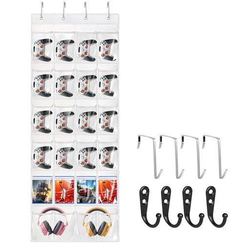 Headset & Controller Holder Wall Mount, 24 Pockets PVC Clear Storage Organizer Headphones/Controller/DVD Gaming Room Accessories, with 4 Hanging Door Hooks and 4 Wall Hooks