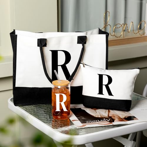Aliceset Initial Gifts for Women Monogram Canvas Tote Bag and Makeup with Zipper and Initial Glass Coffee Cup Gifts for Her - style: Letter R