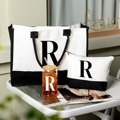 Aliceset Initial Gifts for Women Monogram Canvas Tote Bag and Makeup with Zipper and Initial Glass Coffee Cup Gifts for Her - style: Letter R