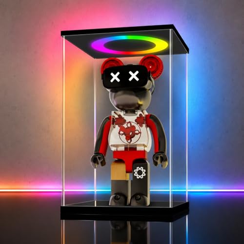 LANSCOERY Acrylic Display Case 9.8x7.9x15.8 in, 10mm Base, RGB Ring Light, 3mm Clear Panels, Front Door for Action Figures and Models - size: 9.8x7.9x15.8inch; 25x20x40cm