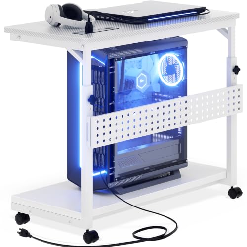 Besiost 32" Large Computer Tower Stand with Power Strips, 4 Levels Manual Height Adjustable PC Tower Stand for Under Desk, Mobile Rolling CPU Holder Computer Cart with Wheels, Carbon Fiber White - color: Carbon Fiber White, size: 32"
