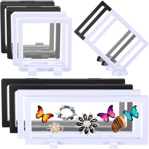 Harloon 12 Pcs 3D Floating Display Case Floating Frame Display Holder Stand Challenge Coin Jewelry Frame Box for AA Medallions Fossil Rock Gemstones Specimen(Black White,Multiple Sizes,Multiple Base) - color: Black White, size: Multiple Sizes, style: Squa