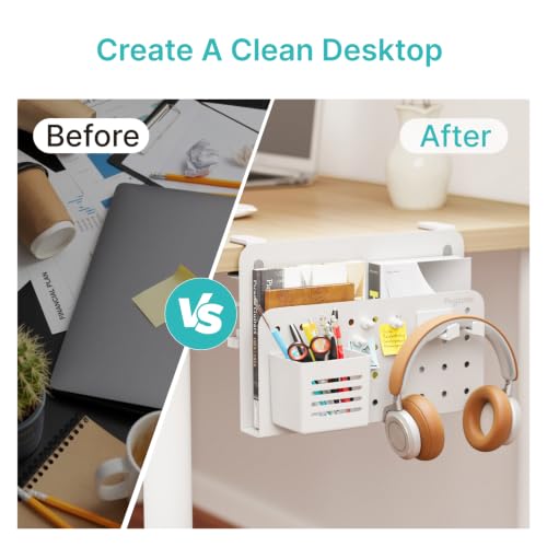 PEGZONE Desk Side Storage Organizer, No Drill Under Desk Laptop Holder, Clamp on Desks Shelf with Pegboard Accessories, Hanging Laptop Mount, Fits Flat Edge 0.4" to 2.2", White - color: White