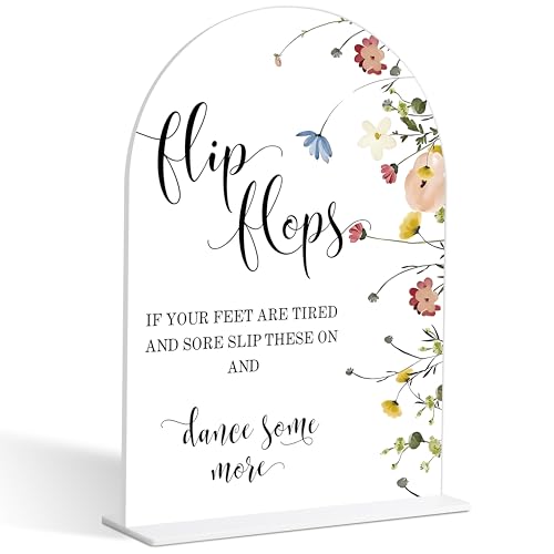 Wedding Flip Flops Sign, Flower Style Wedding Signs for Reception for Bridal Shower and Reception, Bridal Shower Decorations, Wedding Shower Favors, 6X8 Inch Acrylic Arch Sign with Stand,36 - color: Wedding Flip,36