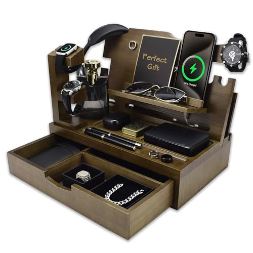 Nightstand Organizer for Men with Large Drawer, Wood Phone Docking Station for Phone, Apple Watch, Wallet & Keys, Ideal Birthday Gift for Father Husband, Bedside Desk Organizer (Brown) - color: Brown