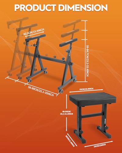 STRICH Piano Keyboard Stand Stool Set, Portable Heavy Duty Stand for 54-88 Key Electric Digital Pianos & Adjustable Piano Bench, Chair, Black, SKT-02 & SPB-M50