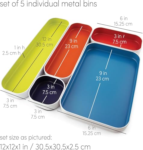 Three by Three Seattle 5 Piece Shallow Metal Organizer Tray Set for Storing Makeup, Stationery, Utensils, and More in Office Desk, Kitchen and Bathroom Drawers (1 Inch, Assorted Colors) - color: Assorted Colors, size: 5 Piece