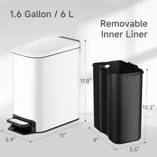 TIPGO Slim Bathroom Trash Can with Lid Soft Close, Step Pedal, 6 Liter / 1.6 Gallon Stainless Steel Garbage Can with Removable Inner Bucket, Anti-Fingerprint Finish (White) - color: White
