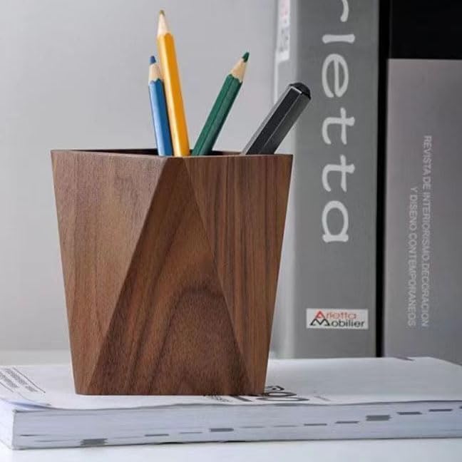 Wooden Pen Holder for Desk, Multi-Functional Pen Cup Pencil Holder for Office School Supplies Storage, Black Walnut Desk Organizer and Accessories（Prismatic） - style: Prismatic
