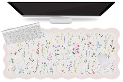 L-SPOUTTO Floral Mouse Pad,Botanical Desk Mat XXL Large Scalloped Gaming Mousepad,35.4x15.7in Non-Slip Keyboard Pad Waterproof Desktop Mat for Laptop Computer Work Game Home Office-Wild Flowers - color: Wild Flowers
