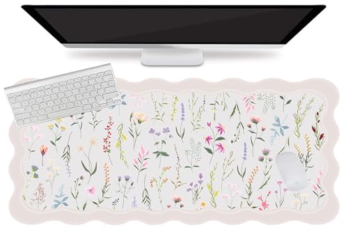 L-SPOUTTO Floral Mouse Pad,Botanical Desk Mat XXL Large Scalloped Gaming Mousepad,35.4x15.7in Non-Slip Keyboard Pad Waterproof Desktop Mat for Laptop Computer Work Game Home Office-Wild Flowers - color: Wild Flowers