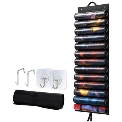 Playmat Holder, Playmat Tube Storage Bag for MTG/TCG with 12+1 Transparent Slots & 4 Hooks, Hangable Playmat Holder for Game Mat and Tubes, Portable Playmat Case, Black