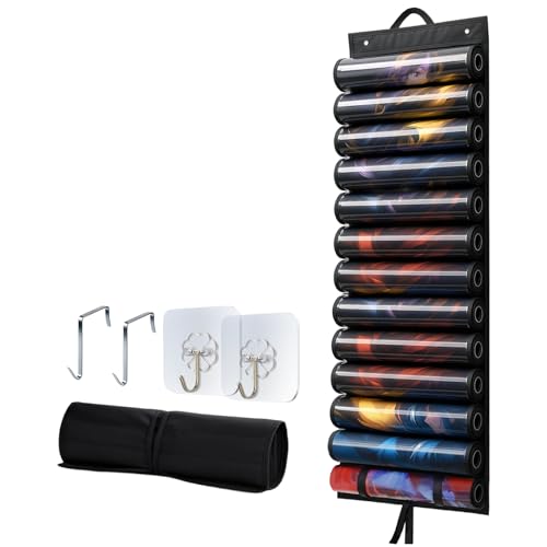 Playmat Holder, Playmat Tube Storage Bag for MTG/TCG with 12+1 Transparent Slots & 4 Hooks, Hangable Playmat Holder for Game Mat and Tubes, Portable Playmat Case, Black