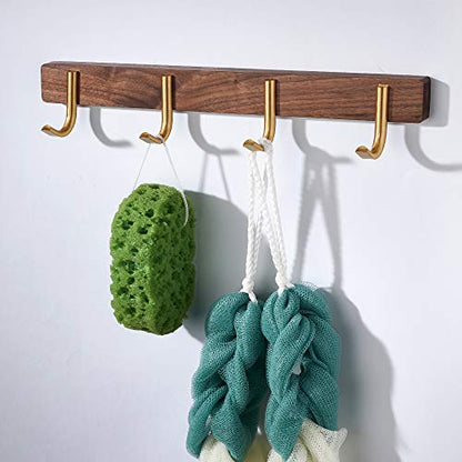 Wall Mounted Coat Rack, Entryway Hanging Coat Rack, Metal Wood Coat Rail with 4 Rustic Hooks Rail for Coat, Scarf, Bag, Towel, Key, Cap, Hat, Walnut Gold Matt - size: 4 Hooks - J Shape