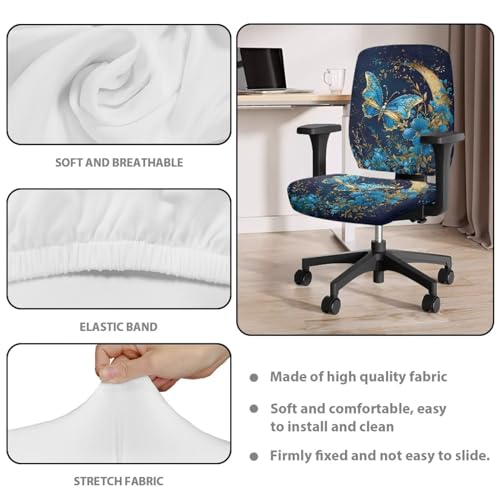 Butterfly Flower Office Chair Covers Stretchable Office Chair Seat Cover Removable Dorm Computer Rotating Chair Slipcover Desk Accessories Split Rotating Swivel Chair Padded Protector - color: Blue Butterfly Flower