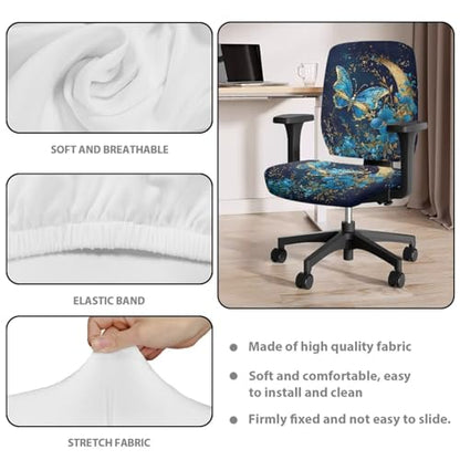 Butterfly Flower Office Chair Covers Stretchable Office Chair Seat Cover Removable Dorm Computer Rotating Chair Slipcover Desk Accessories Split Rotating Swivel Chair Padded Protector - color: Blue Butterfly Flower
