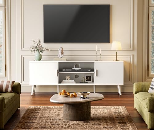 SUPERJARE TV Stand for 55 Inch TV, Entertainment Center with Adjustable Shelf, 2 Cabinets, TV Console Table, Media Console, Solid Wood Feet, Cord Holes, for Living Room, Bedroom, White - color: White, size: 53.9"