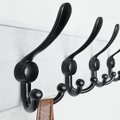 Dseap Coat Rack Wall Mounted - 5 Tri Hooks, Heavy Duty, Wooden Wall Coat Hanger Coat Hook for Clothes Hat Jacket Clothing, White & Black - color: White & Black, size: L=17.4"