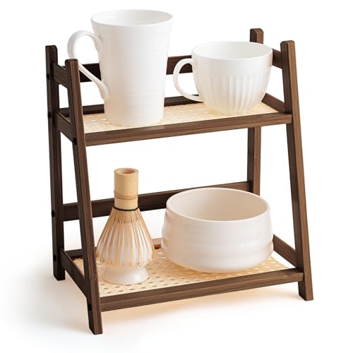 Yalikop 1 Pcs 2 Tier Matcha Station Shelf Bamboo Coffee Mug Stand Countertop Storage Rack, Double Layer Rattan Office Cup, Kitchen, Tea, Plant, Bar Accessories Condiment Display(Brown,10.2 Inch) - color: Brown, size: 10.2 inch