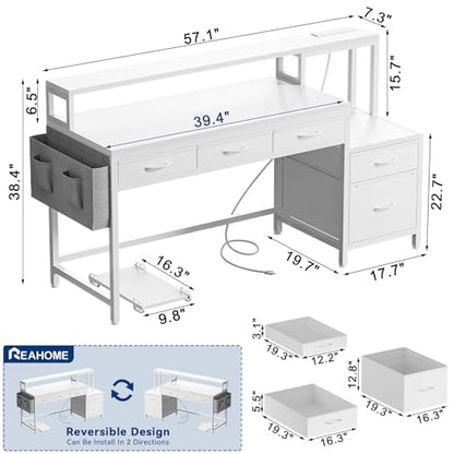 REAHOME 61 Inch Gaming Desk with Charging Station and LED Lights, Reversible Computer Desk with Storage Drawer and Monitor Stand, Modern Desk Table with File Cabinet & Side Pocket, Carbon Fiber White - color: Carbon Fiber White