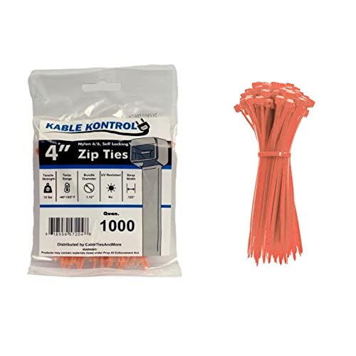 Kable Kontrol Orange Zip Ties 4 Inch 1000 Pcs, 18 Lbs Tensile Strength, Self-locking Nylon Colored Cable Ties Wire Wraps for Indoor or Outdoor Use - color: Orange, size: 4" - 18 Lbs - 1000 Pcs