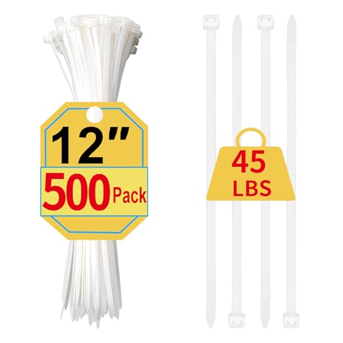 Zip Ties 12 Inch, 500 Pack, White Cable Ties for Multi-Purpose, Nylon/Plastic Wire Ties for Home Improvement, Office & Outdoor Use (Clear-Colored Style), 45lb Tensile Strength. - size: 12" (500 Pack)