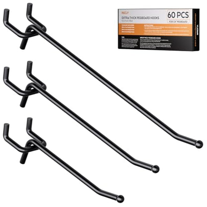 INCLY 60 Pack 4/6/8 Inch Black Pegboard Hooks, 1/4" Heavy Duty Peg Board Shelving Hooks Accessories, Peg Board Tool Hangers Fit 1/4" Pegboard for Organizing Garage, Craft Room, Kitchen, Store - size: 60PCS