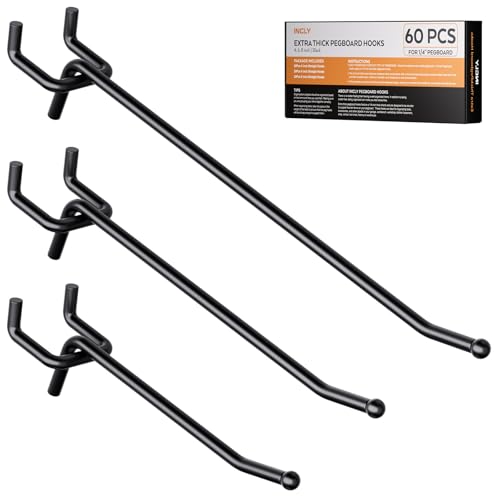 INCLY 60 Pack 4/6/8 Inch Black Pegboard Hooks, 1/4" Heavy Duty Peg Board Shelving Hooks Accessories, Peg Board Tool Hangers Fit 1/4" Pegboard for Organizing Garage, Craft Room, Kitchen, Store - size: 60PCS