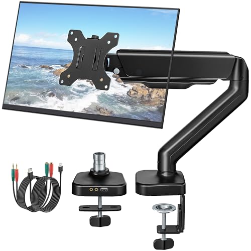 monTEK Heavy Duty Single Monitor Arm with USB/Audio Ports for 17-32” Screens, Premium Mechanical Spring Monitor Arm up to 19.8 lbs, Full Motion Monitor Desk Mount, VESA 75/100 mm, Clamp/Grommet - color: Single Arm, size: With USB & Audio Ports