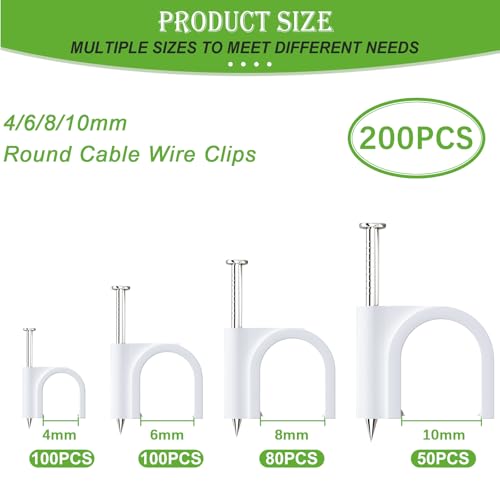 mxuteuk 200PCS Cable Clips with Steel Nails,4/6/8/10mm Round White Cable Wire Clips,Wall Clips for Cords,Cable Cord Clips for RG6 RG59 CAT6 RJ45 - color: White-200PCS 4/6/8/10mm