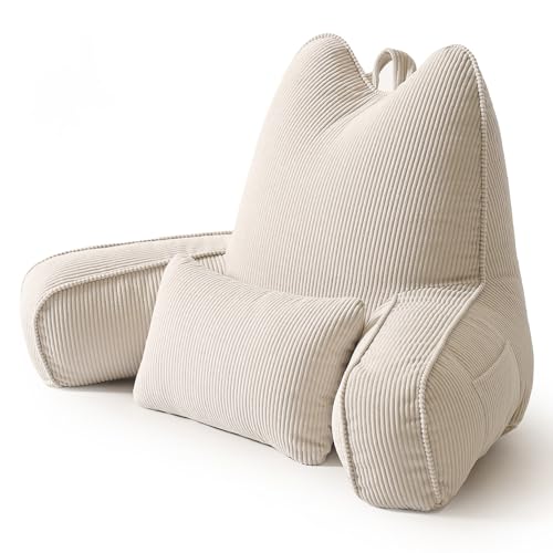 Patented Design Reading Pillow with Arms for Sitting Up, 2-in-1 Bed Rest Pillow with Detachable Lumbar Support, Backrest Support Cushion for Couch with Side Pockets & Handle, Beige Gray - color: Beige Gray