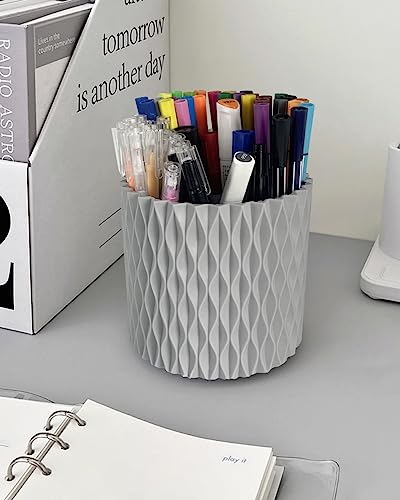 Lebenrich Rotating Pen Pencil Holder for Desk, 5 Slots Unique Grey Desk Pen Organizer Easthetic Desktop Supplies and Accessories for Women Girls, Pen Cup Pencil Caddy for Office Home Art Supply - color: Grey