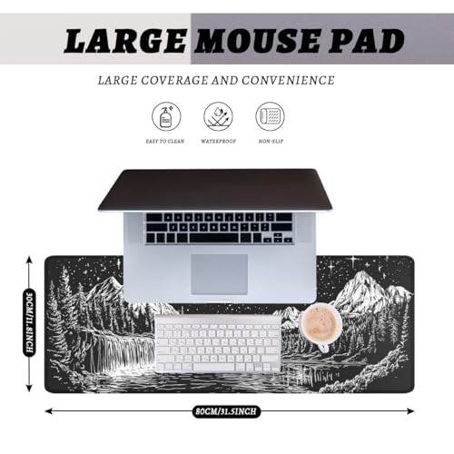 Moon Night Gaming Mouse Pad Dark Mountain Landscape Large Gaming Mouse Mat with Stitched Edges,Non-Slip Waterproof Rubber Base Office Computer Keyboard Laptop 31.5"x11.8" - color: Moon Night, size: 31.5L x 11.8W inches
