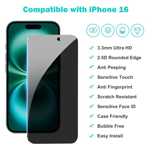 PEHAEL 3+3 Pack for iPhone 16 Privacy Screen Protector with Camera Lens Protector Full Coverage Anti-Spy Tempered Glass Film 9H Hardness Easy Installation Bubble Free [6.1 inch]