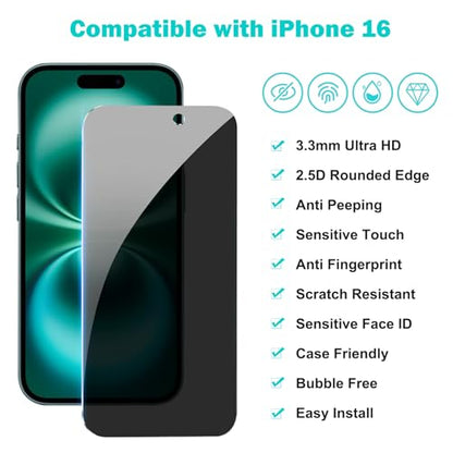 PEHAEL 3+3 Pack for iPhone 16 Privacy Screen Protector with Camera Lens Protector Full Coverage Anti-Spy Tempered Glass Film 9H Hardness Easy Installation Bubble Free [6.1 inch]
