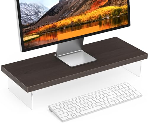 Monitor Stand Riser, Wood & Acrylic Computer Monitor Stand Desk Desktop Organizer Table For Home, Office Workspace, Laptop Riser, Printer, PC & TV Screen Riser - color: Black Walnut, size: 25*10 Inch