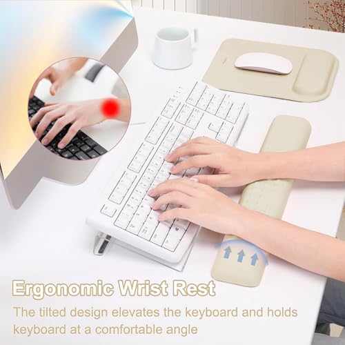 MOSISO Computer Keyboard Stand&Wrist Rest Support for Keyboard &Mouse Pad Set, Ergonomic Massage Wrist Rest Set, Easy Typing Working Acrylic Clear Stand for Office Home, Khaki - color: Khaki