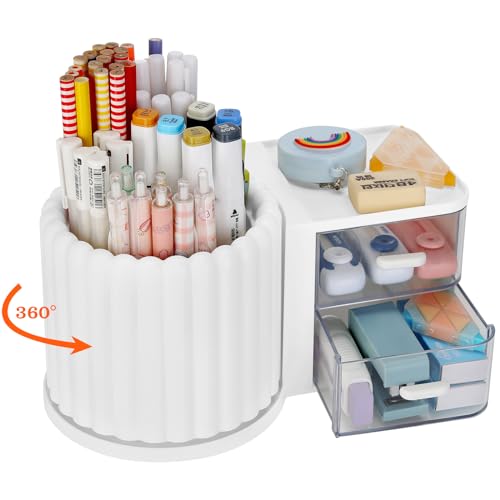 LETURE Rotating Office Desk Organizers and Accessories with 2 Drawer, Pencil Pen Marker Holder for Desk, Desktop Storage Organizers and Accessories for Office Home Art Supplies (White) - color: White
