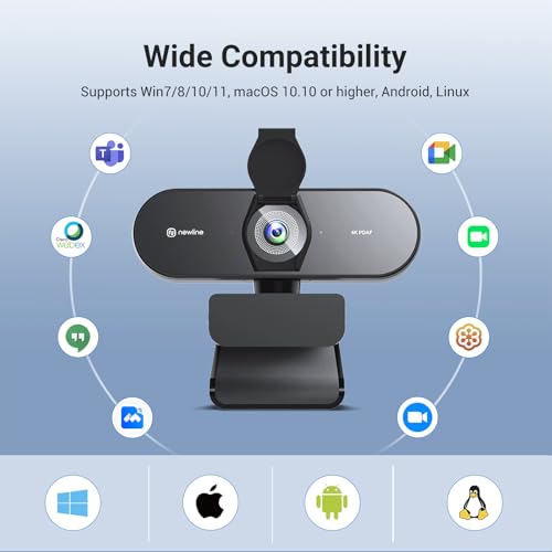 N newline 4K Webcam for PC with Tripod, PDAF Autofocus, 1080P@60FPS, 79° FOV, Low Distortion, 2 Noise Reduction Mics, Privacy Cover, Plug&Play, PC Camera for Skype, Teams, Zoom, NewEye 62 Kit - style: 4K Webcam w/Tripod