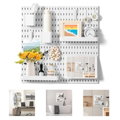 VUSIGN Pegboard Combination Wall Organizer Kit, 4 Pieces Pegboards and 17 Accessories Modular Hanging, Wall Mount Display Peg board Panel Kits for Bedroom, Home, Office, Bathroom, 22" x 22", White - color: White - 4 Pieces