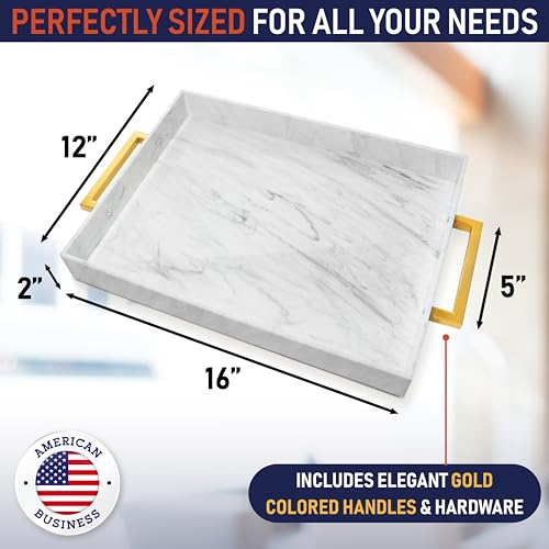 Acrylic Serving Tray with Gold Handles, 16" x 12" Decorative Tray for Coffee Table, Spill-Proof Server for Food and Drinks. Multipurpose for Kitchen, Countertop, Vanity, Ottoman, and Parties (Marble) - color: Marble