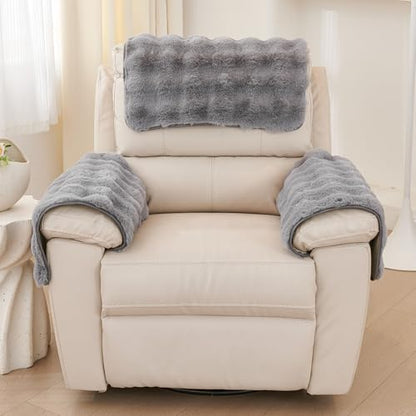 vctops 3 Pieces Faux Rabbit Fur Sofa Armrest Cover for Recliner Chair Non Slip Fluffy Furry Headrest Cover Soft Fuzzy Couch Cover for Dogs Washable Furniture Protector (Mid Grey,1 Seat) - color: Mid Grey