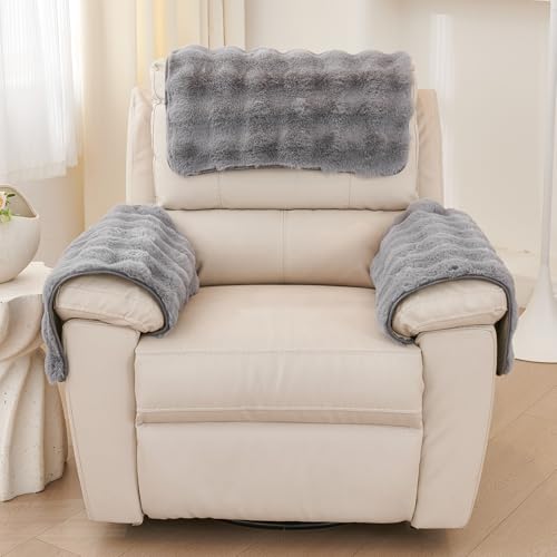 vctops 3 Pieces Faux Rabbit Fur Sofa Armrest Cover for Recliner Chair Non Slip Fluffy Furry Headrest Cover Soft Fuzzy Couch Cover for Dogs Washable Furniture Protector (Mid Grey,1 Seat) - color: Mid Grey