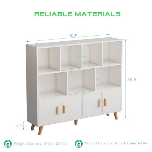 OSCHF Cubby Shelf Bookcase with Doors - Wooden 11 Cube Floor Standing Open Bookshelf with Solid Wood Legs, 3-Tier Storage Cabinet, Warm White - color: Warm White